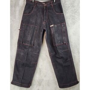 Diss Jeans Mens 34x30 Wide Leg Baggy Streetwear Dark Wash Red Contrast Stitch